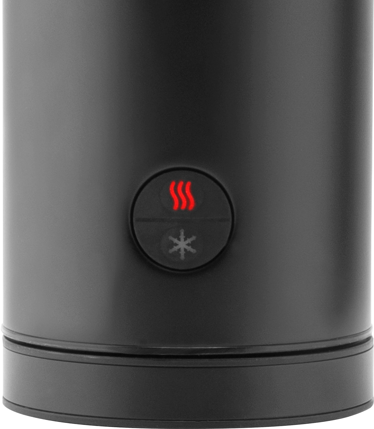 Black milk frother with a red power button with steam and snowflake symbols.