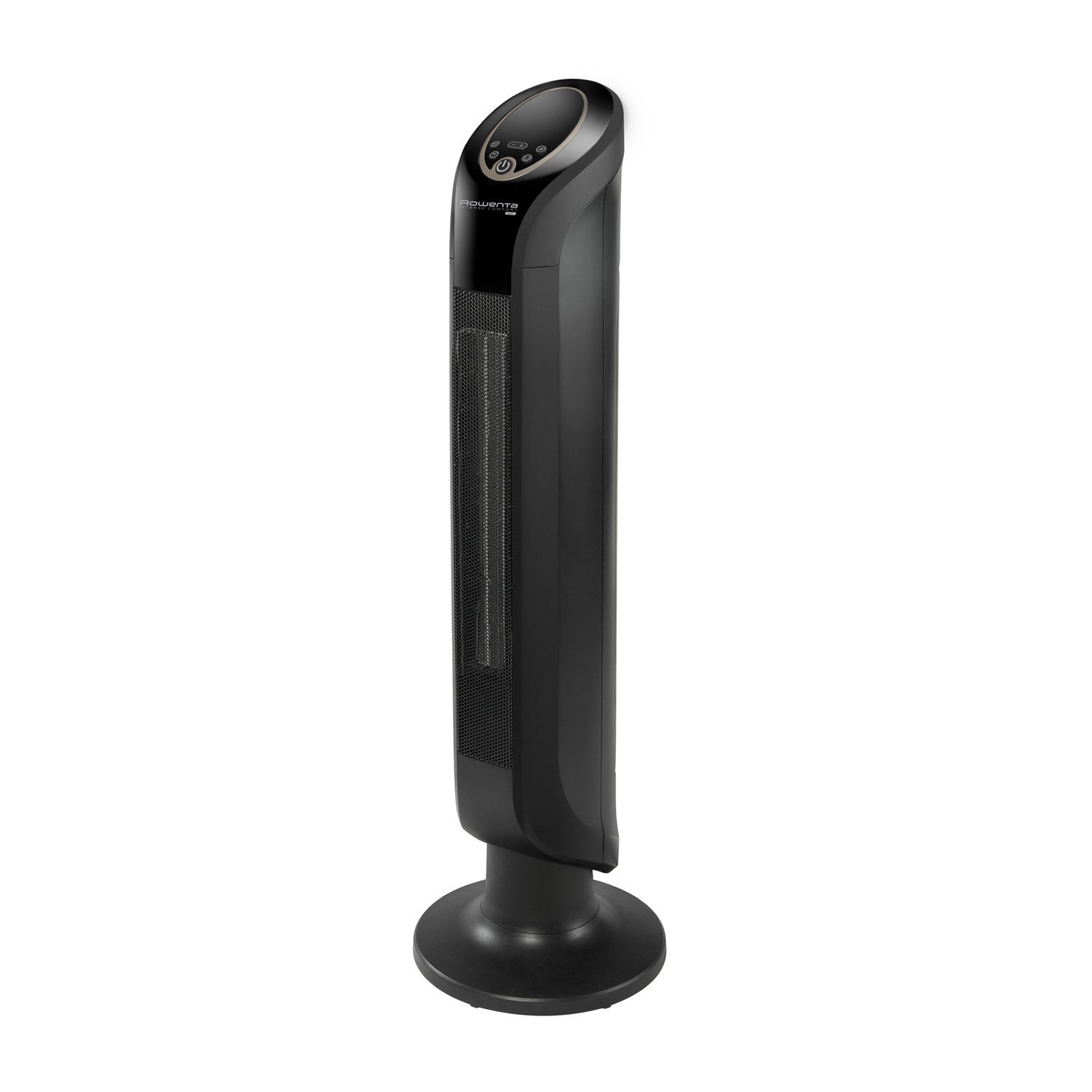 Riscaldatore elettrico nero e alto su sfondo bianco.