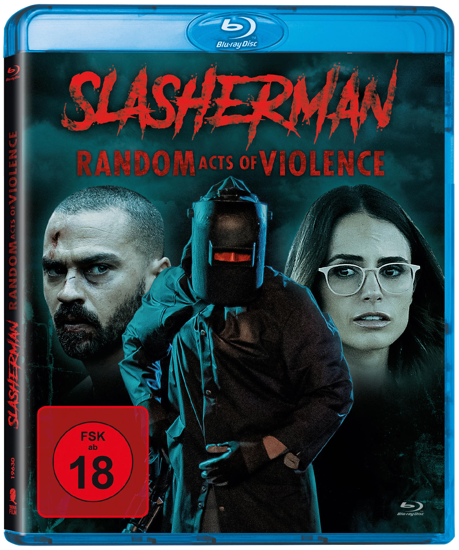 Blu-ray-Filmcover mit drei Gesichtern und dem Titel 'Slasherman'.