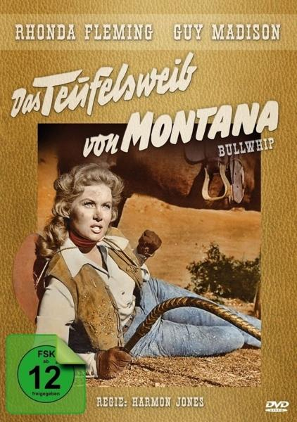 DVD-Cover: Das Teufelsweib von Montana, mit einer Frau und einem Pferd. FSK 12 Aufkleber auf braunem Hintergrund.