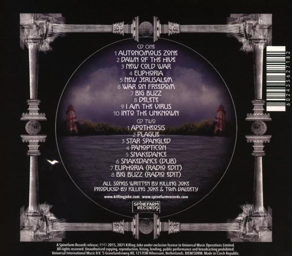 CD-Cover mit Titelliste. Das Bild zeigt ein kreisförmiges Design mit Text und zwei Säulen im Hintergrund.
