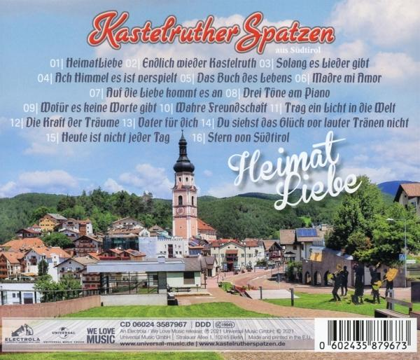 CD-Cover von Kastelruther Spatzen mit malerischer Dorfansicht und Songtiteln.