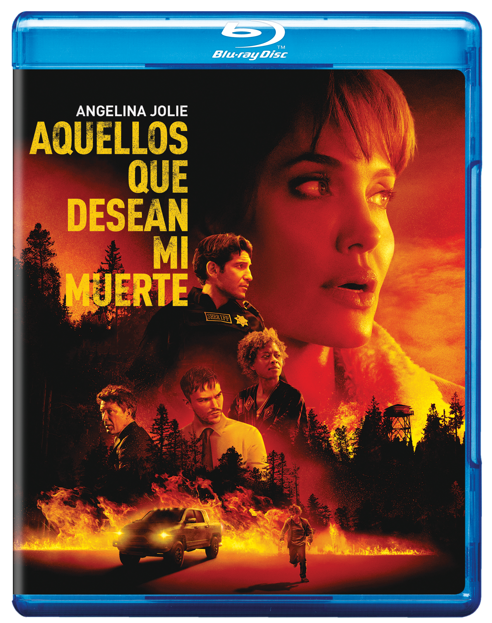 Póster de película con Angelina Jolie, gente y una escena de fuego.