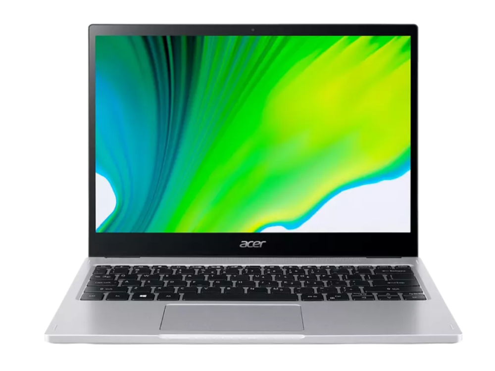 Laptop plateado con pantalla brillante.