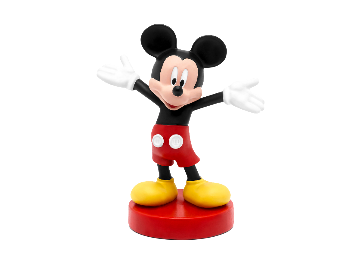 Mickey Mouse Figur mit offenen Armen auf roter Basis, weiße Handschuhe, rote Shorts, schwarze Ohren.