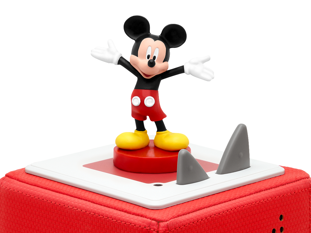 Micky Maus Figur auf roter Basis mit Haifischflossen, oben auf roter Box.