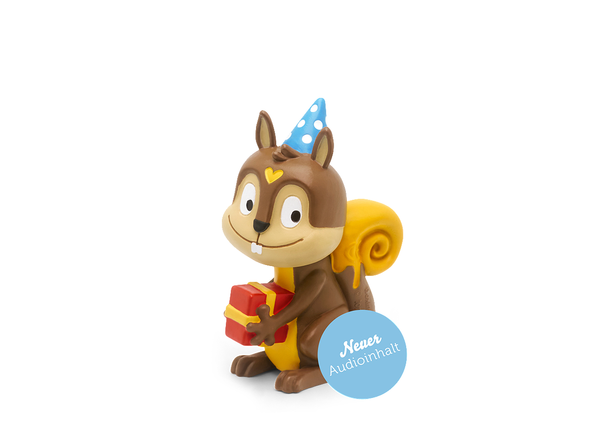 Eichhörnchenfigur mit Partyhut, hält ein Geschenk. Blauer Kreis mit Text. Weißer Hintergrund.