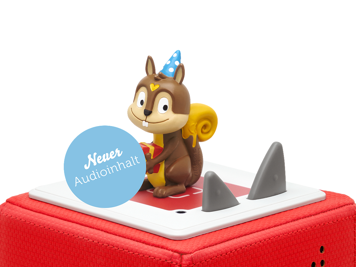 Eichhörnchen-Figur mit Geschenk und blauem Kreis mit "Neuer Audioinhalt".