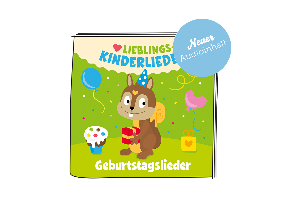 Kinderbuchcover mit Eichhörnchen, das ein Geschenk hält. Text auf Deutsch.