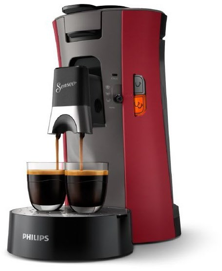 Rote und graue Philips Senseo Kaffeemaschine. Kaffee in zwei Gläser gießen.