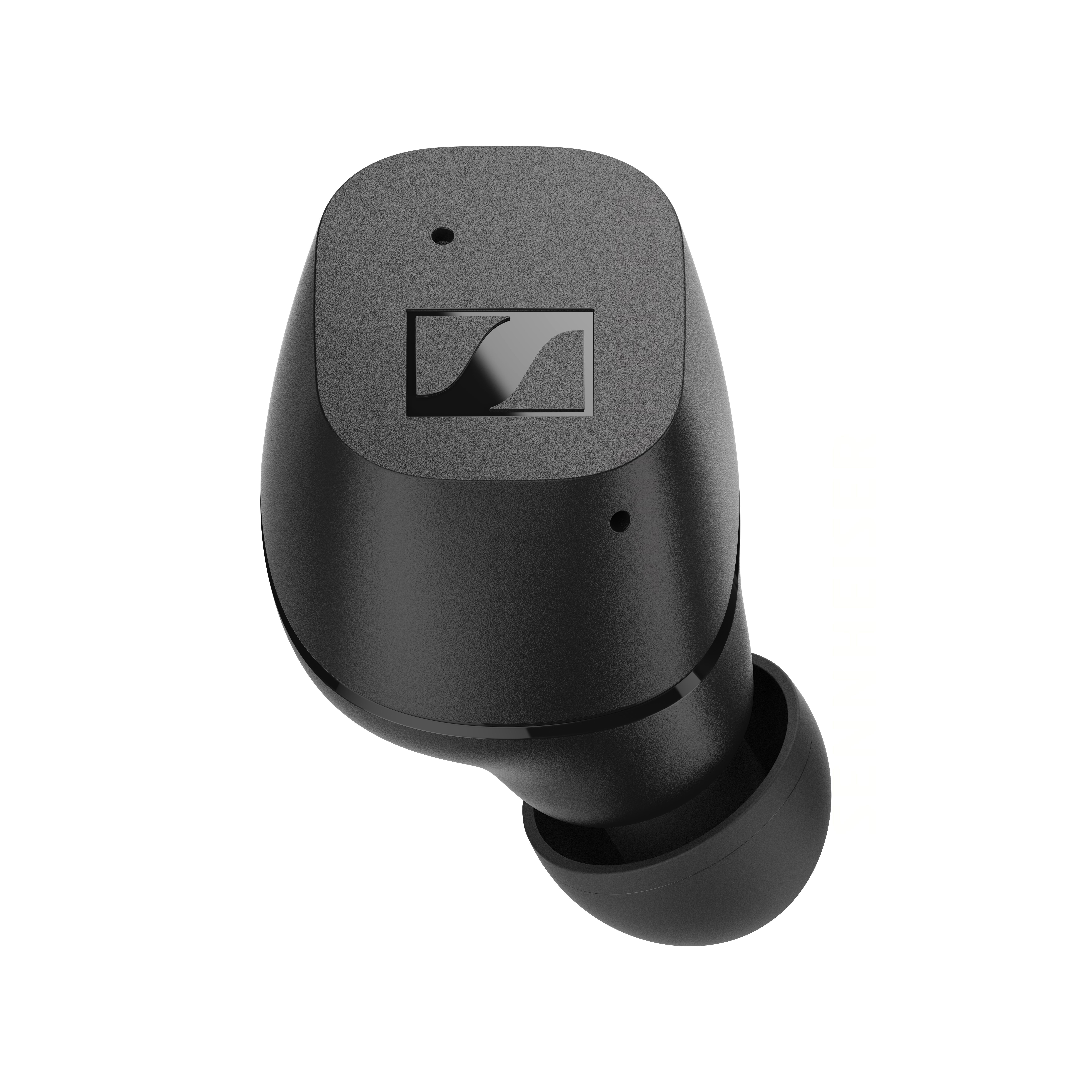 Ein schwarzer Sennheiser-Ohrhörer mit geschwungenem Design und Markenlogo.