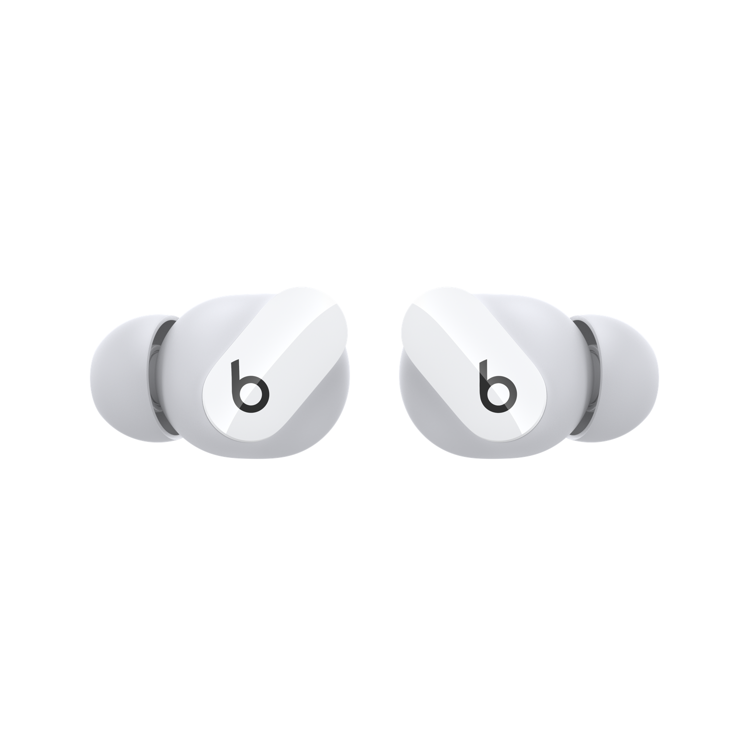 Dos auriculares blancos con un logo 'b' sobre un fondo negro.