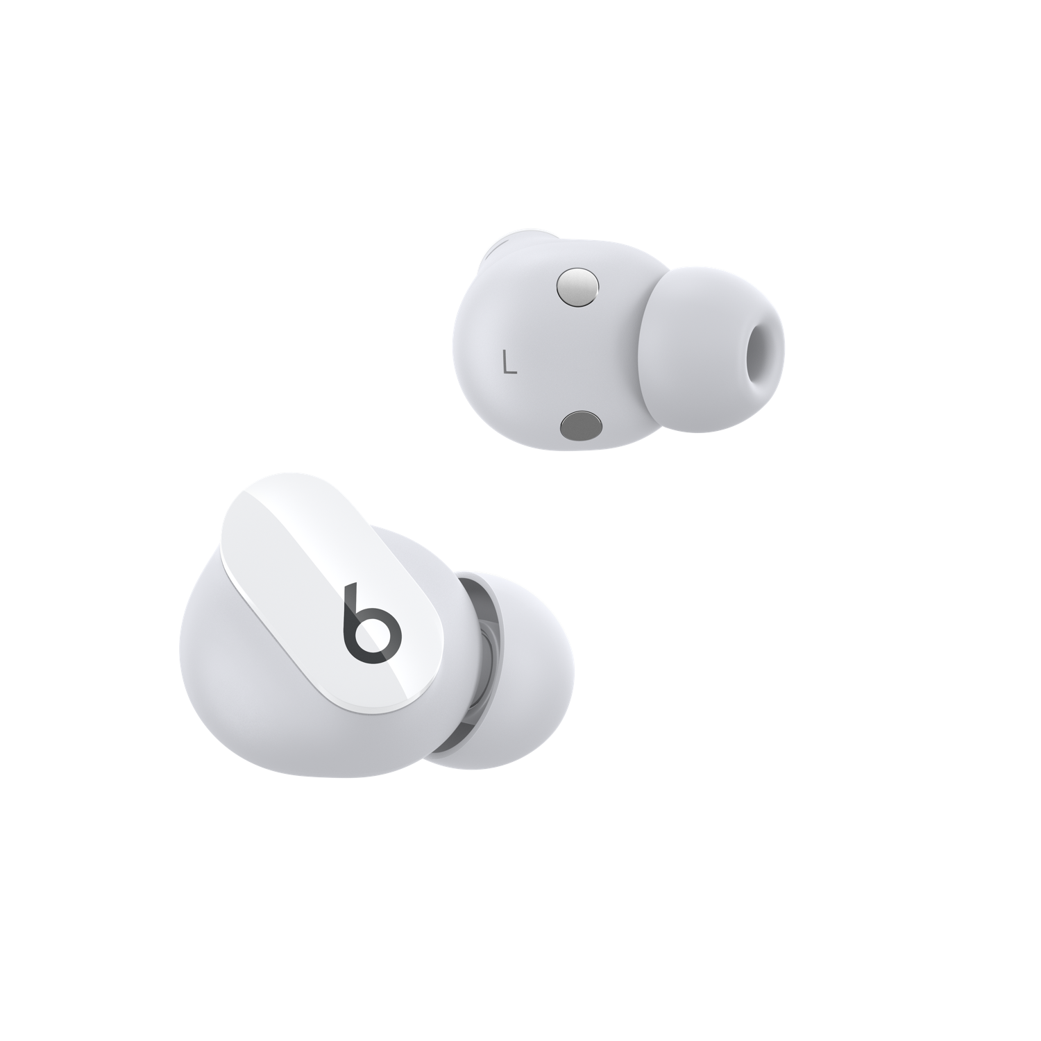 Par de auriculares blancos, uno con el logo 'b'. Fondo negro, toma de producto aislado.
