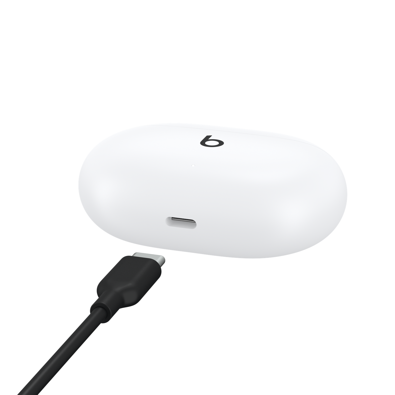 Estuche de carga blanco con puerto USB-C y cable de carga negro conectado.