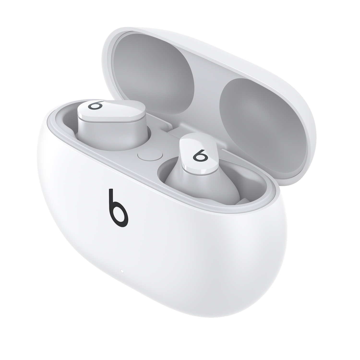 Auriculares Beats blancos en estuche de carga abierto, logo 'b' negro.