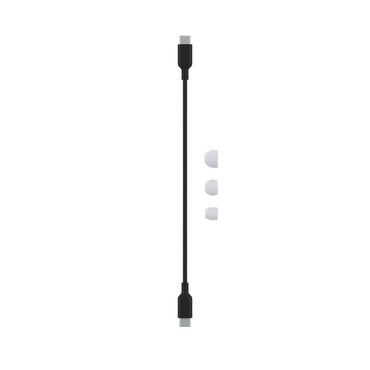 Cable de carga negro con conectores USB-C y puntas blancas para los oídos.