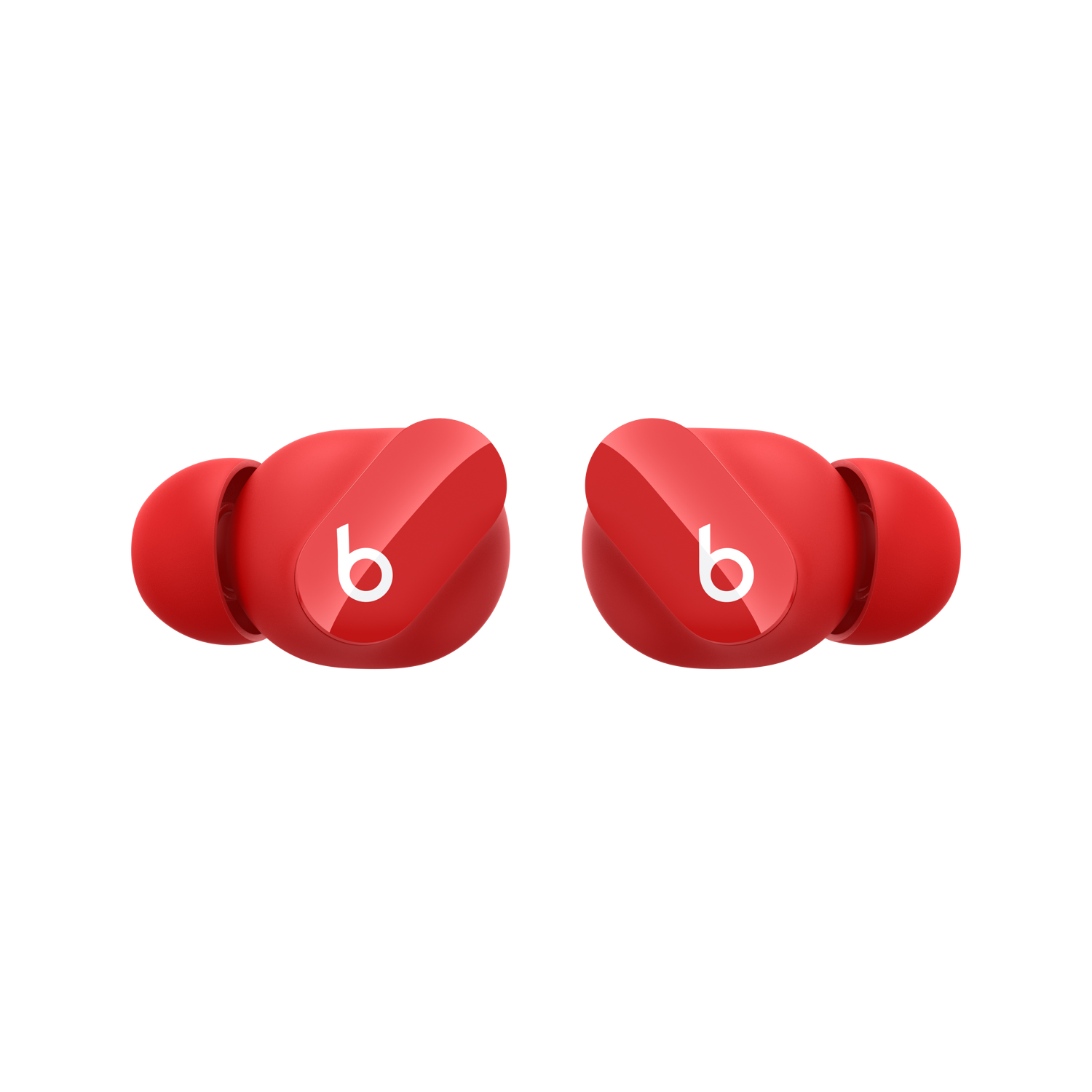 Auriculares inalámbricos rojos sobre fondo negro. Logotipo 'b' blanco en cada uno.