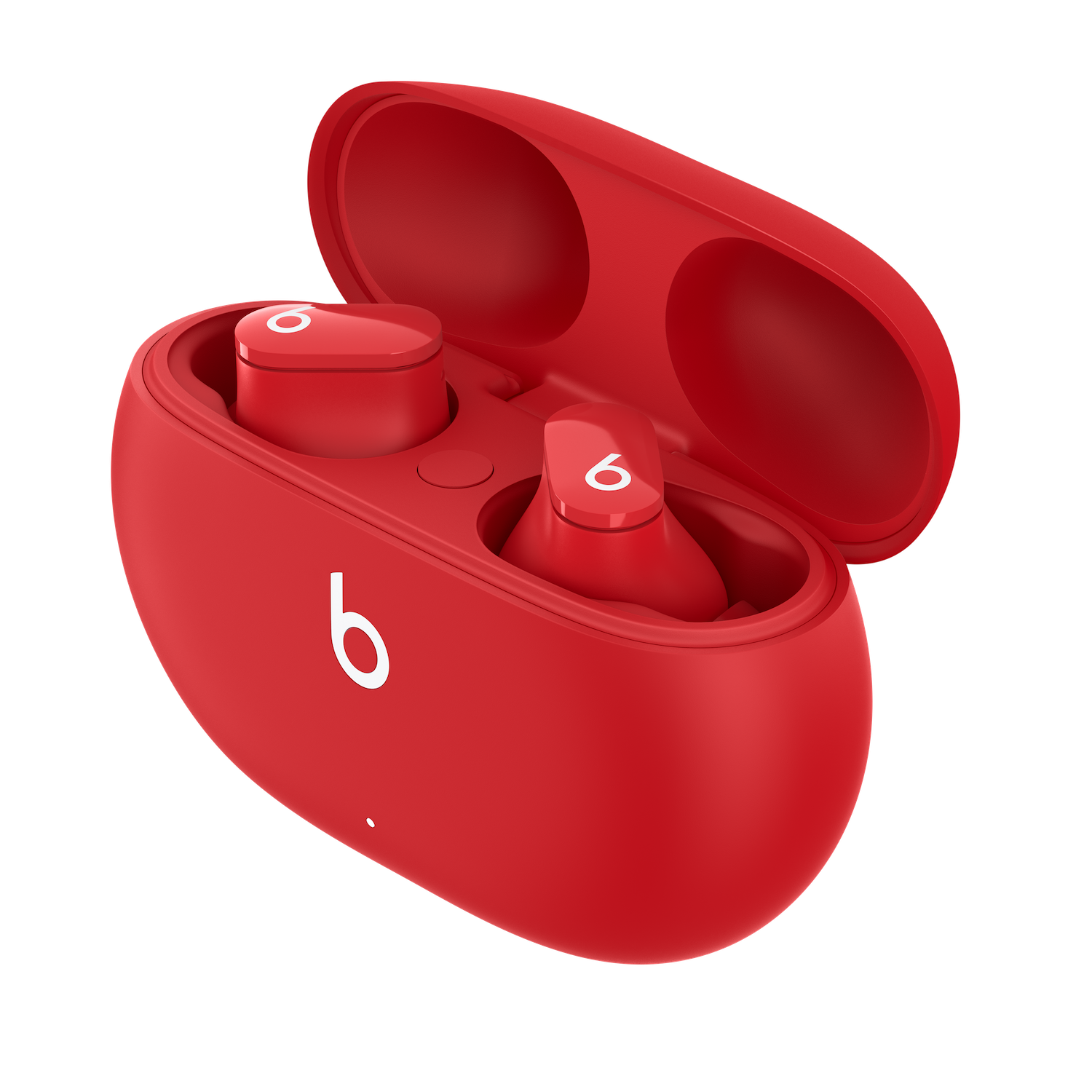 Auriculares Beats rojos en estuche de carga rojo. El estuche está abierto, revelando los auriculares.