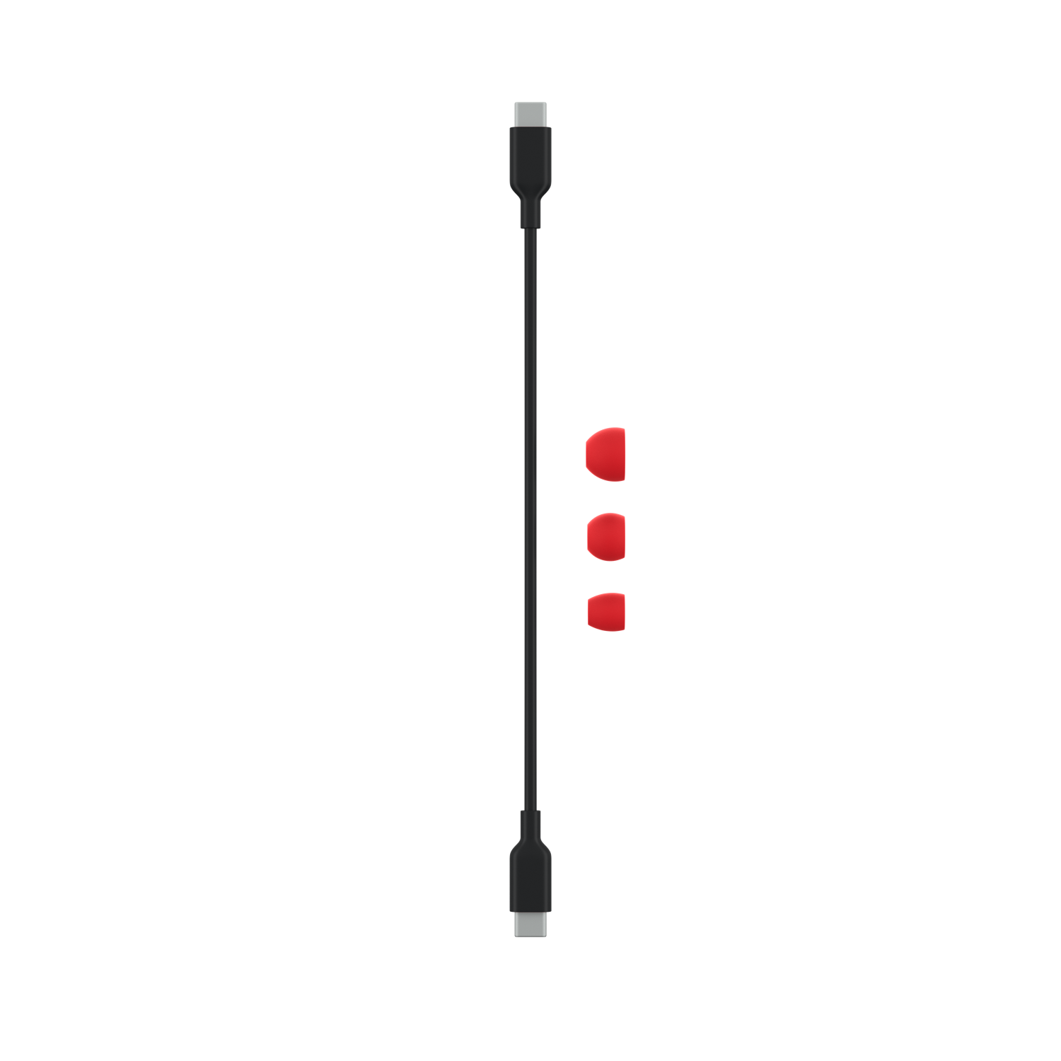 Cable de carga negro con dos conectores USB-C y tres puntas para oídos rojas.
