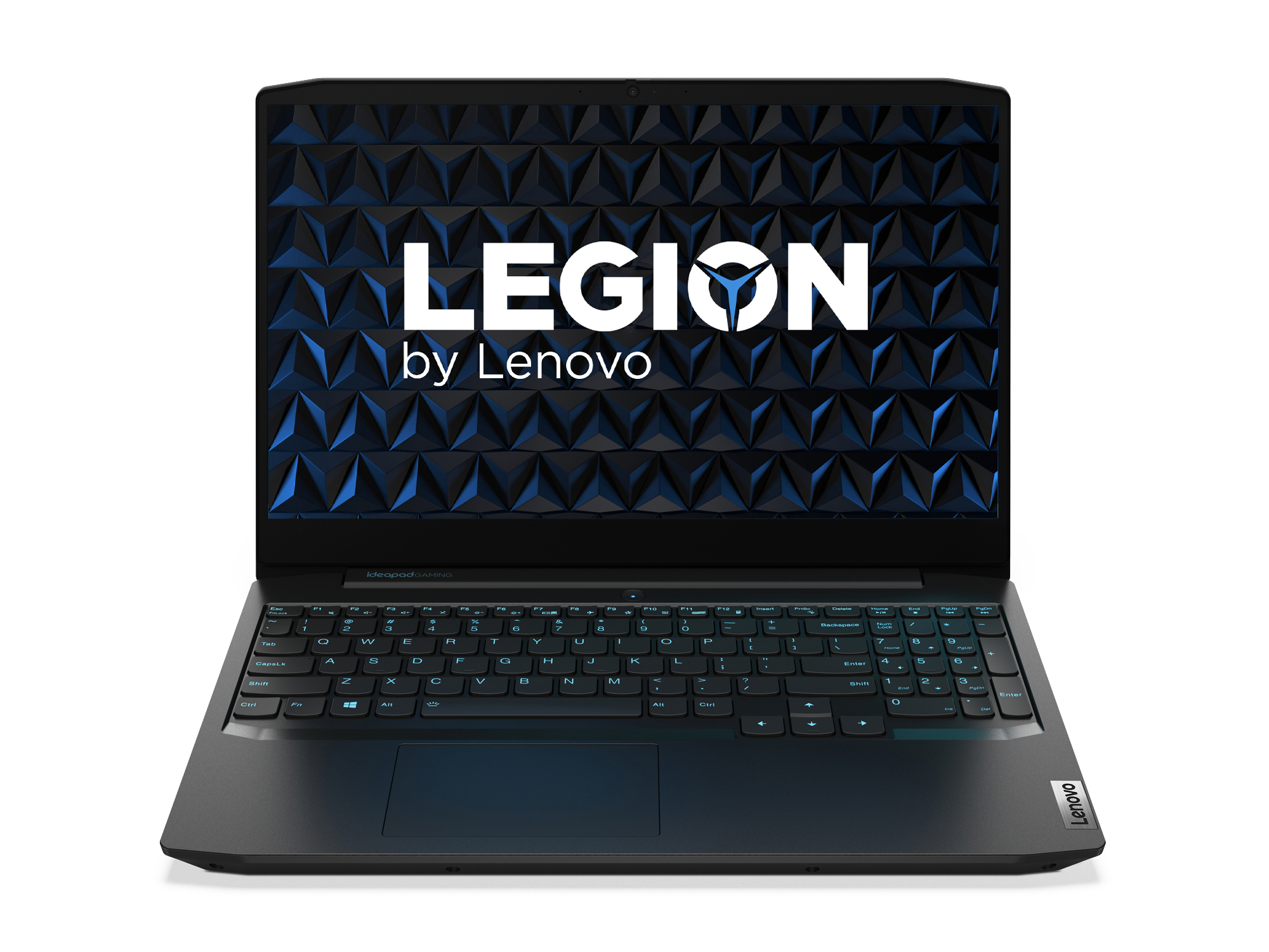 Schwarzer Lenovo Legion Laptop mit blau beleuchteter Tastatur, weißer Hintergrund.