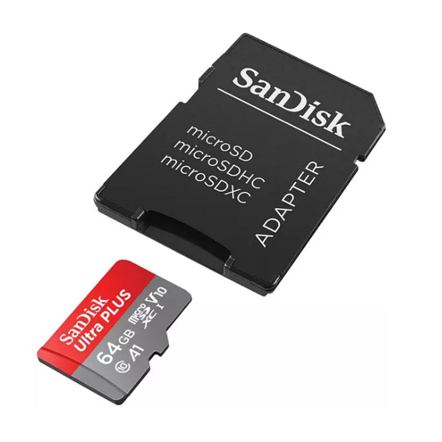 Tarjeta SD y adaptador de tarjeta SD. La tarjeta SD es roja y negra.