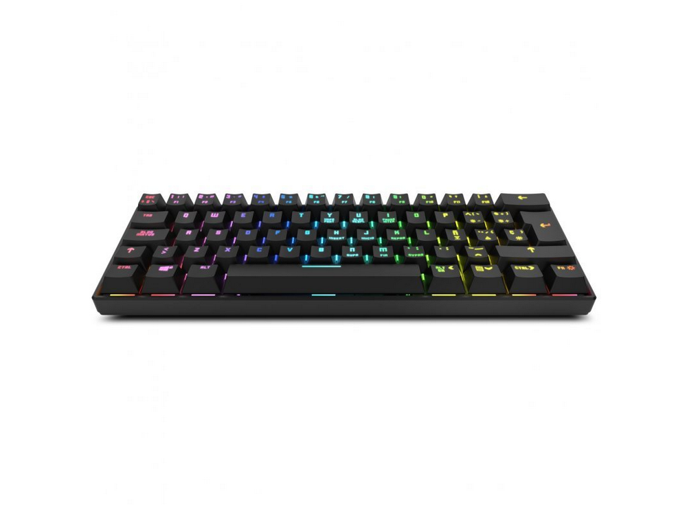 Un teclado mecánico negro con teclas iluminadas, dispuesto sobre una superficie blanca.