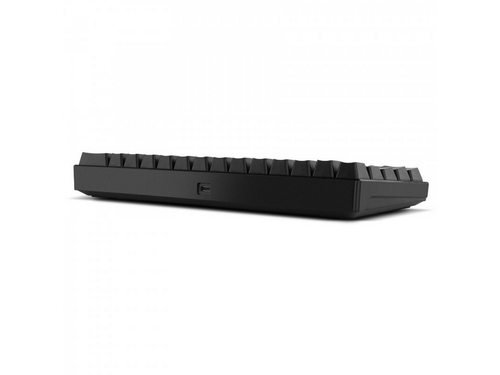 Teclado negro sobre fondo blanco, vista lateral, con puerto USB.