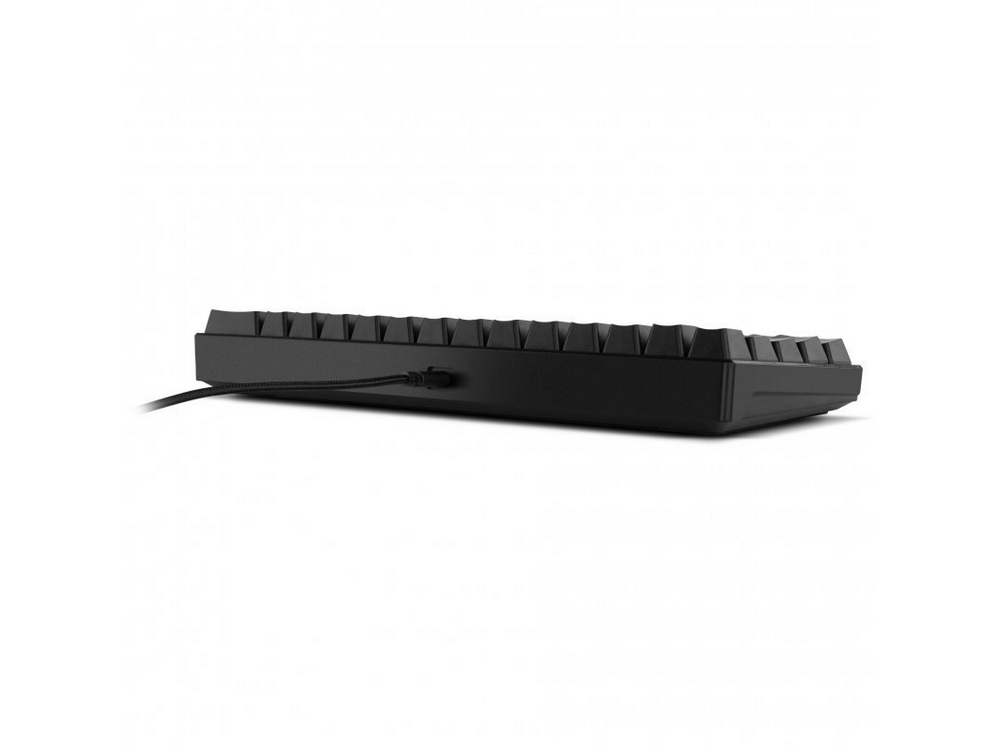 Teclado negro, vista lateral, con cable enchufado.