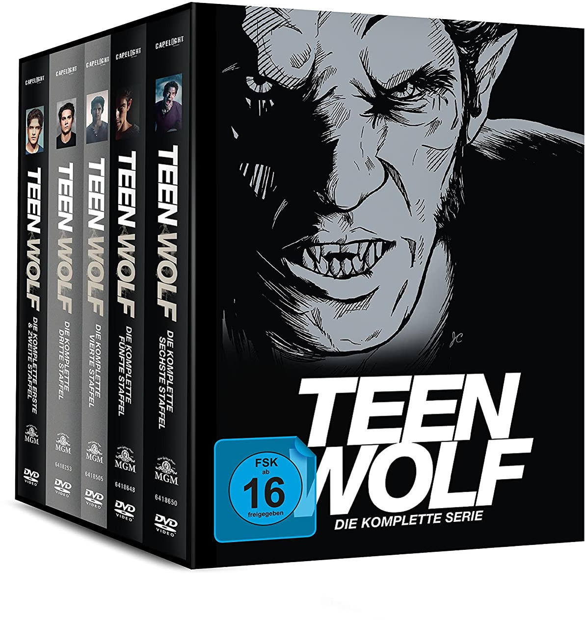 Box-Set mit 'Teen Wolf'-DVDs, mit Titel und Charakterillustrationen.