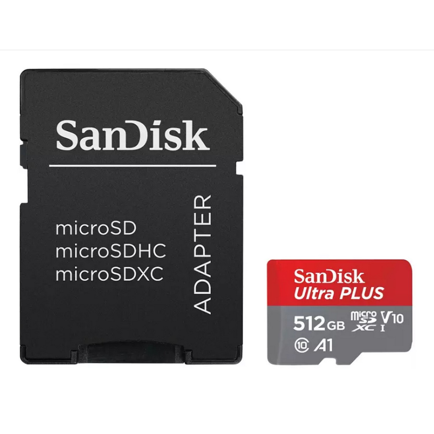 Adaptador de tarjeta SD negro y tarjeta SD roja/gris. Marca Sandisk, fondo blanco.
