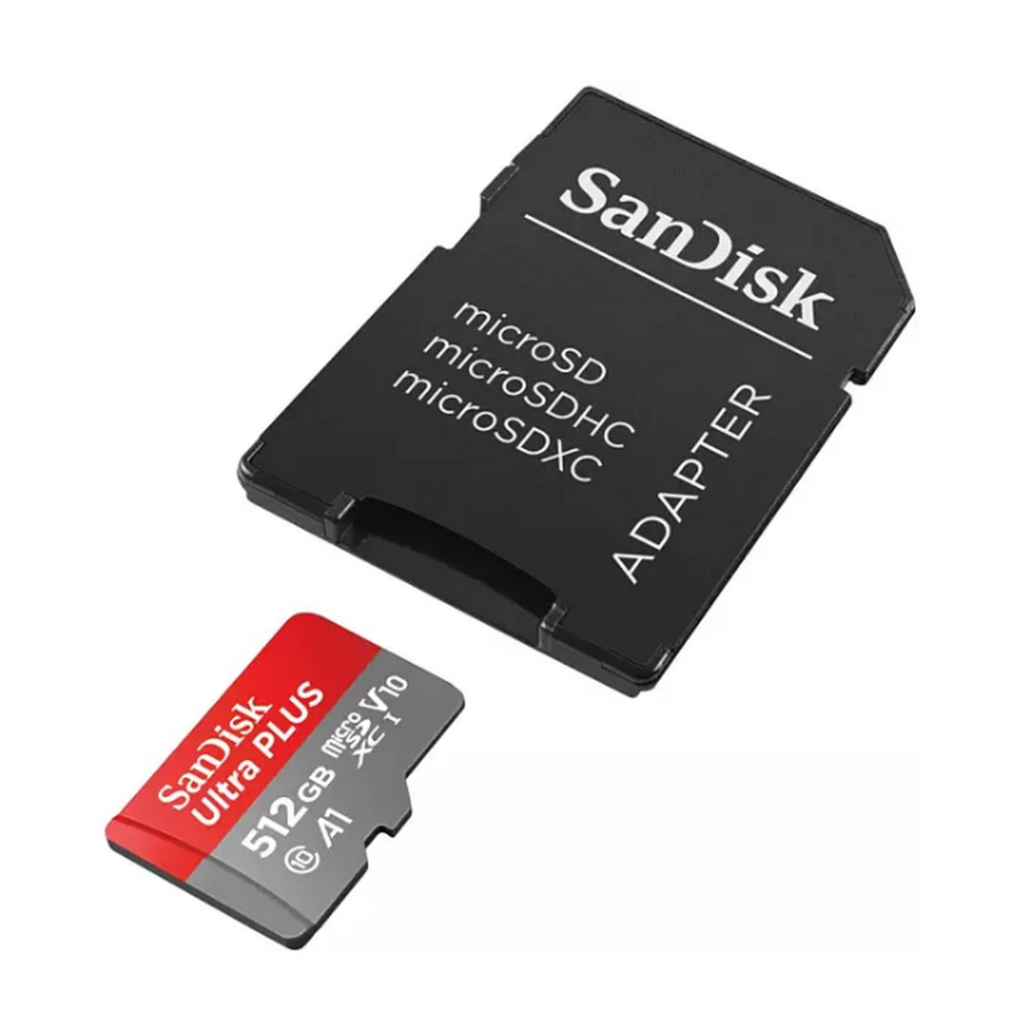 Tarjeta SD y adaptador SanDisk. Tarjeta negra y roja. El adaptador es negro con texto blanco. Fondo blanco.
