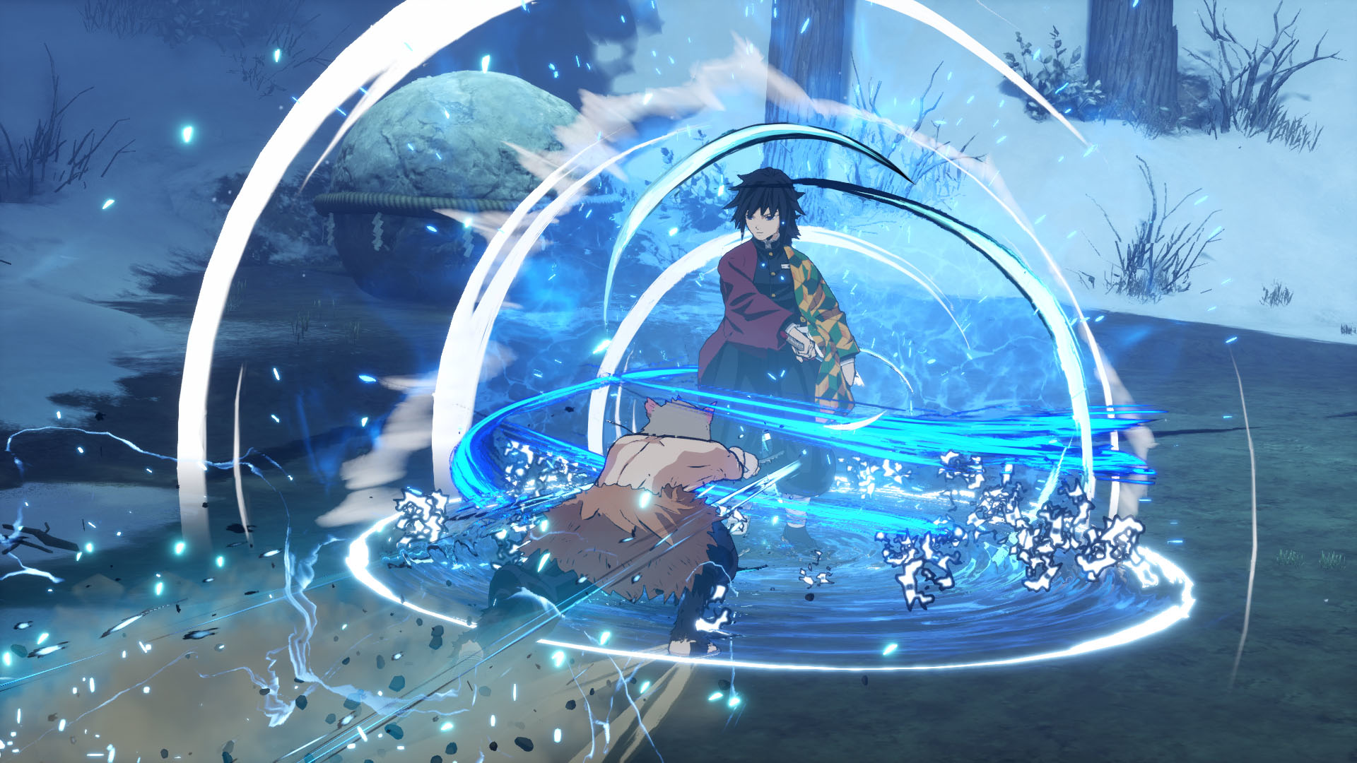 Scena di combattimento anime. Due personaggi in azione con effetti di energia blu, neve sullo sfondo.