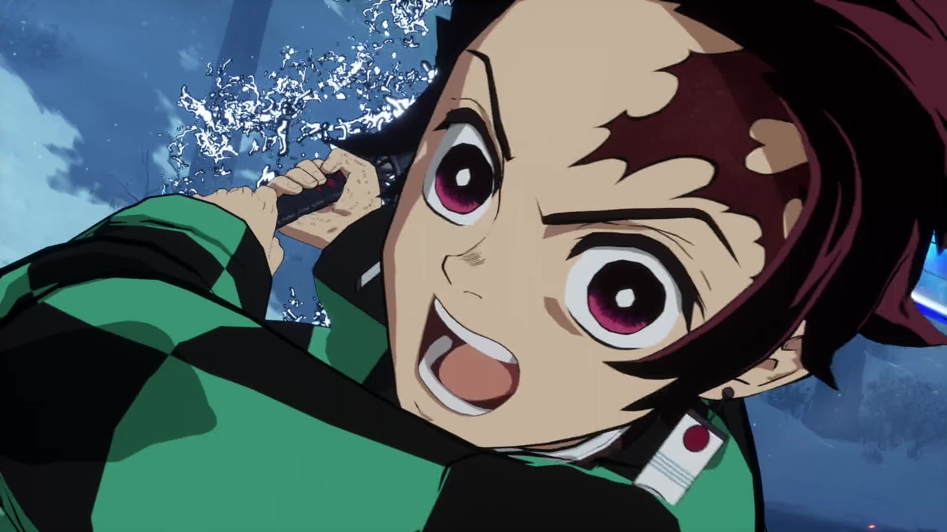 Personaggio anime con abito verde e nero, sorridente, primo piano.