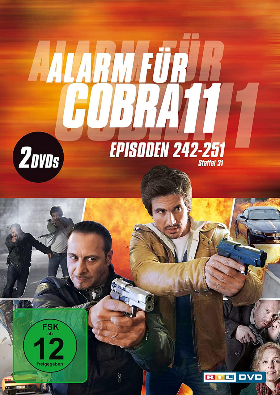 DVD-Cover mit zwei Männern, die Waffen halten, Text 'Alarm für Cobra 11'.