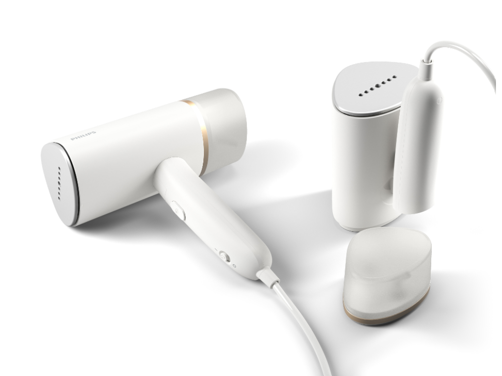 Juego de vaporizador de ropa Philips blanco con tres partes sobre fondo blanco.