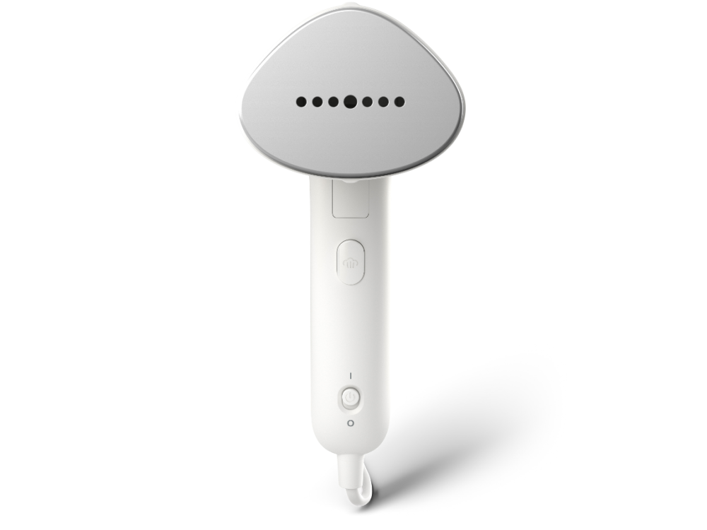 Vaporizador de mano blanco con cabezal triangular y puntos negros.