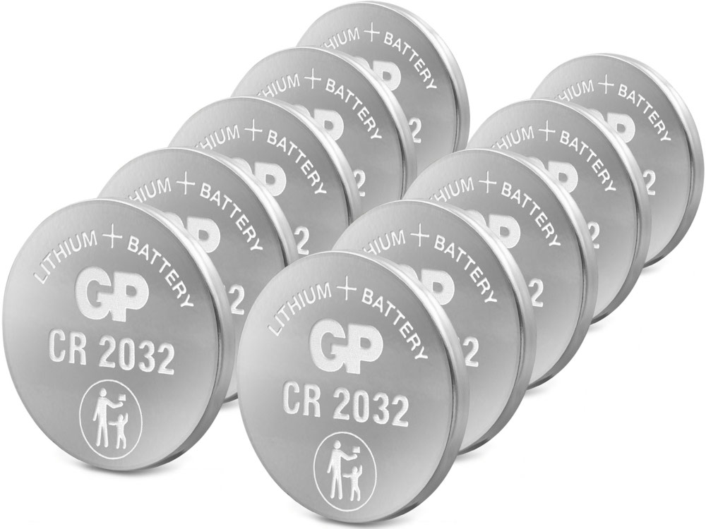 Een groep van tien zilveren, ronde batterijen. Elke batterij heeft "CR 2032" en "Lithium + Battery" erop gedrukt.