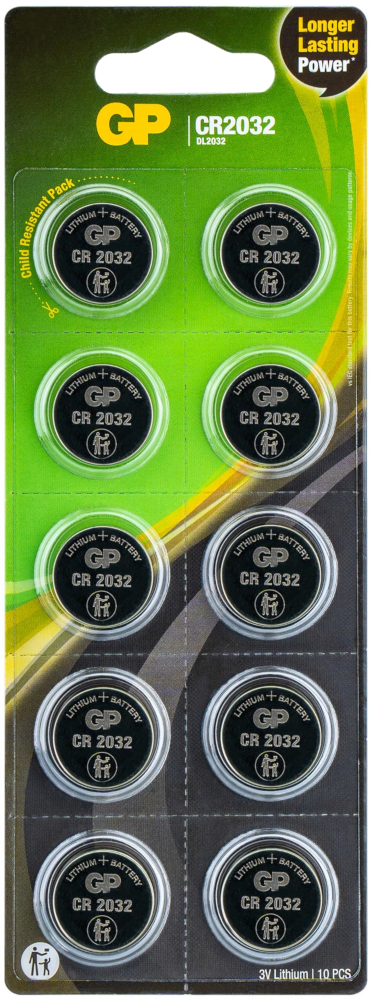 Een blisterverpakking met 10 knoopcelbatterijen. 'GP' en 'CR2032' staan op elke batterij.