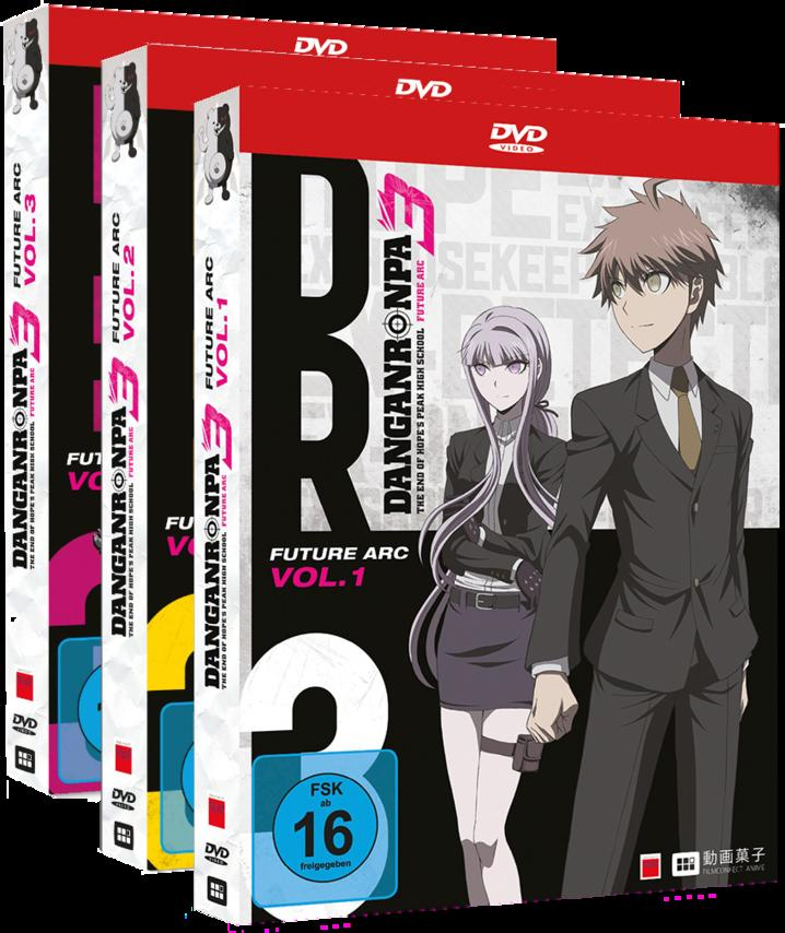 DVD-Box-Set: Danganronpa 3. Drei DVDs mit Anime-Charakteren auf den Covern.