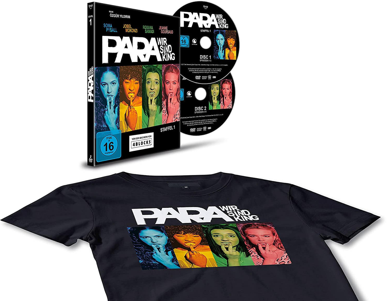 DVD-Set, T-Shirt und zwei DVDs werden gezeigt. Das T-Shirt und die DVDs haben Filmtitel und Schauspieler.