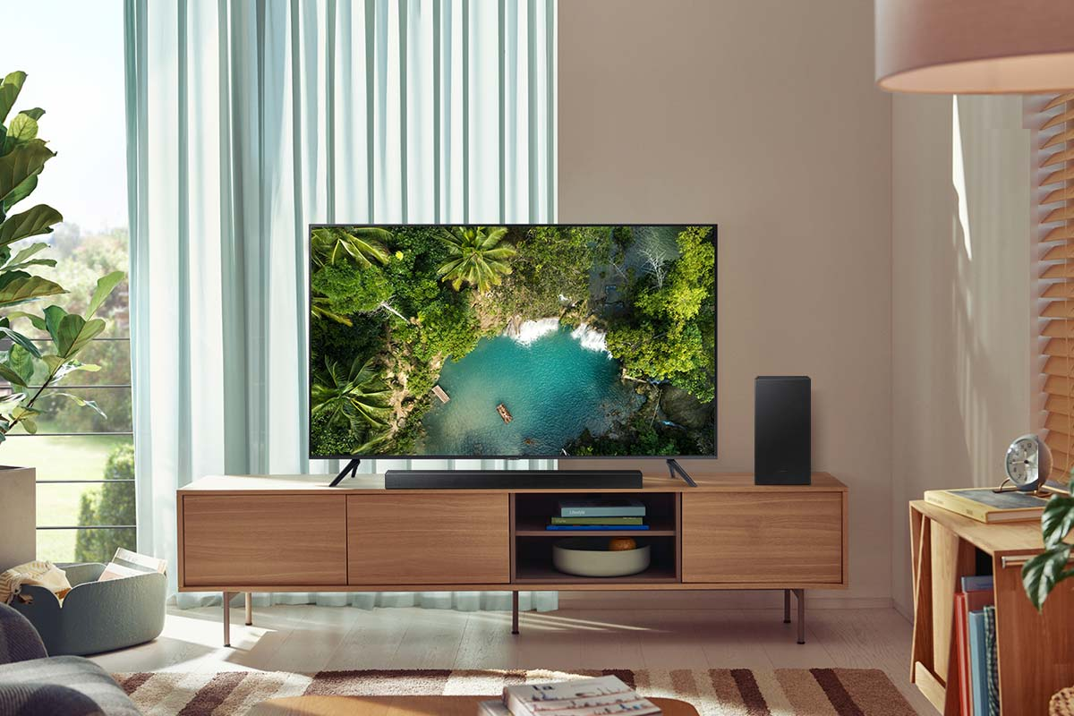 Escena de sala de estar con un televisor que muestra un paisaje tropical. Una barra de sonido y un altavoz negro debajo.