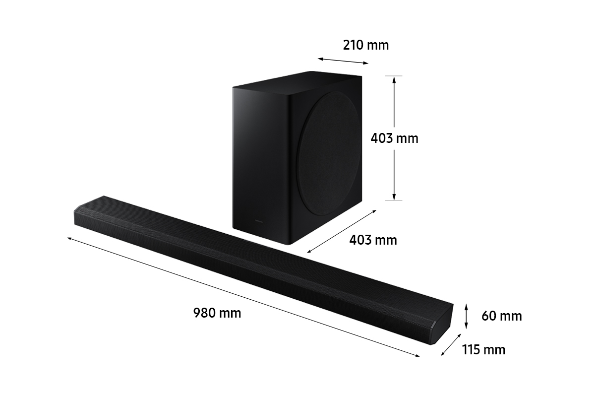 Barra de sonido negra con subwoofer negro, con dimensiones mostradas.