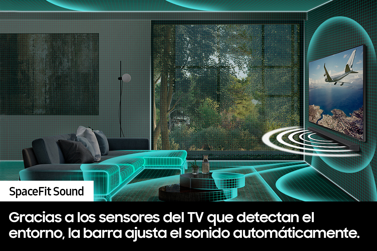 Una sala de estar con un televisor, un sofá y una superposición de texto. El televisor muestra un paisaje.