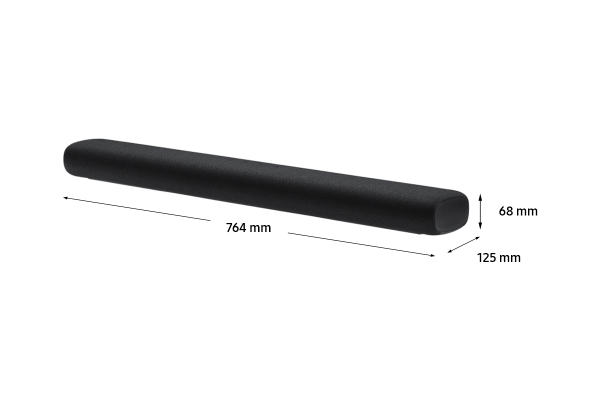 Barra de sonido negra con dimensiones 764x68x125mm.