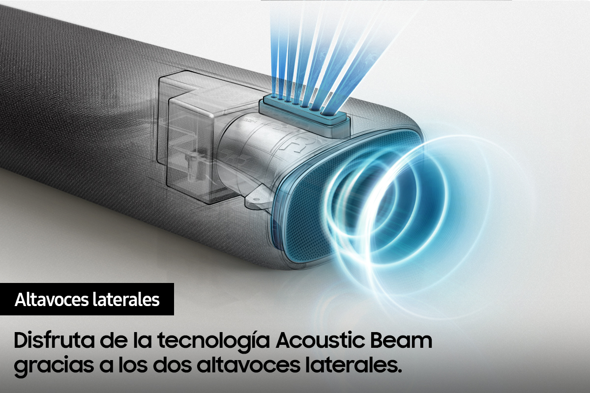 Primer plano de una barra de sonido con vista lateral de altavoces emitiendo ondas sonoras azules.