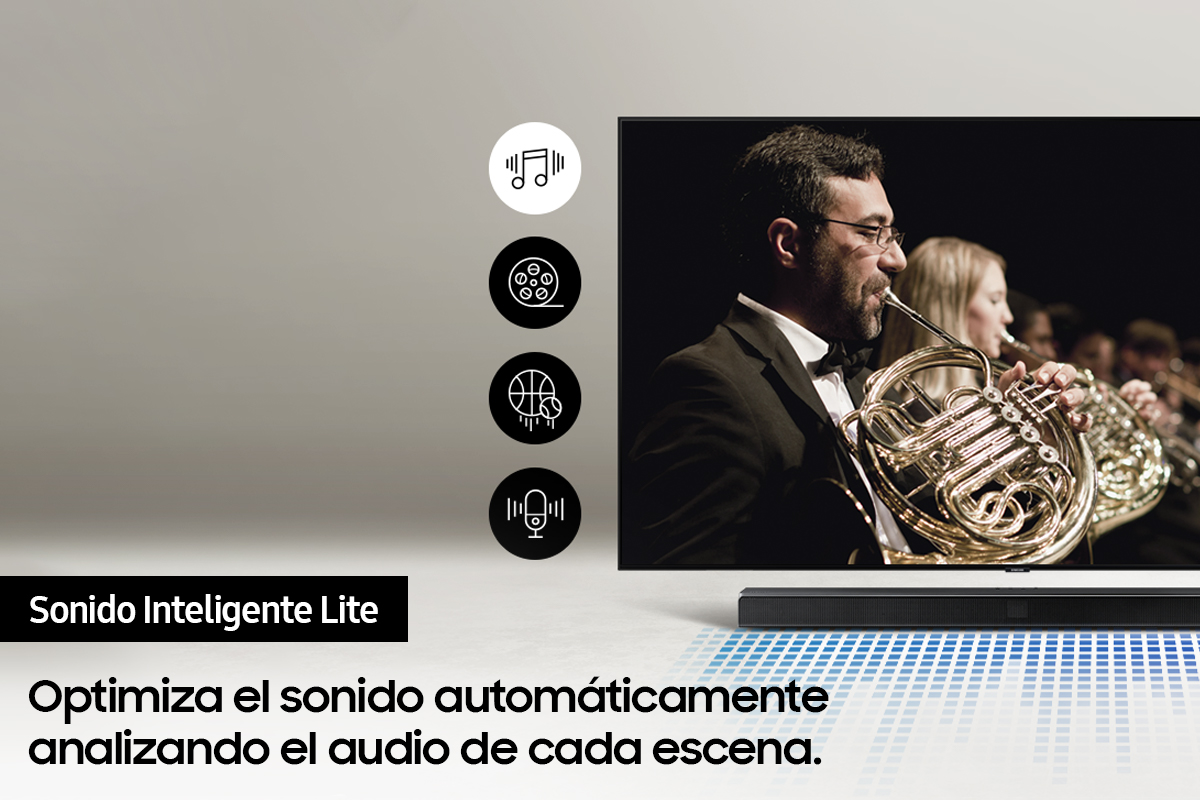 Un televisor Samsung con barra de sonido abajo, y un gráfico sobre optimización de sonido.