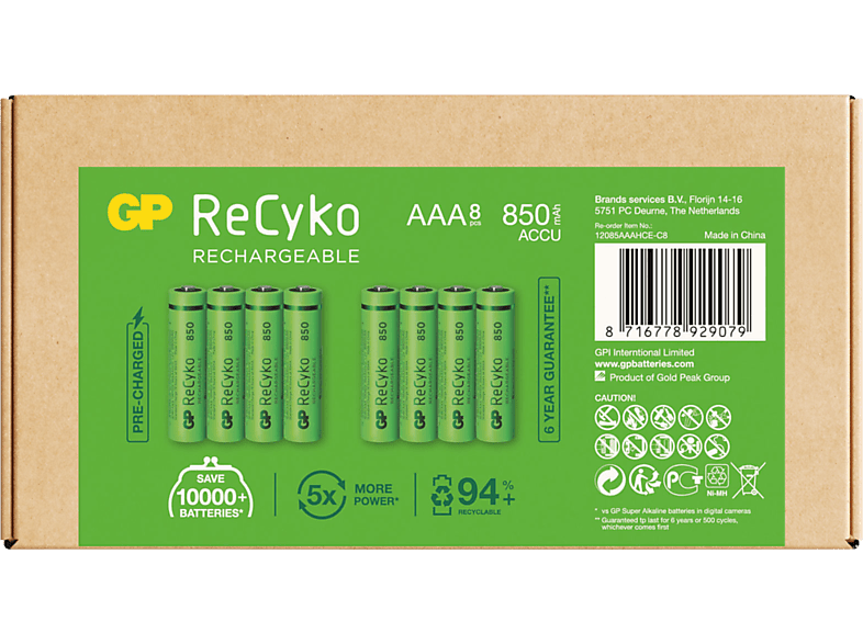 GP BATTERIES Herlaadbare AAA-batterijen ReCyko 850 mAh 8 stuks ...