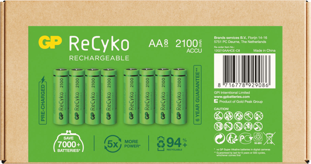 GP BATTERIES Piles AA rechargeables ReCyko 2100 mAh 8 pièces (GP210AAHCE-C8)