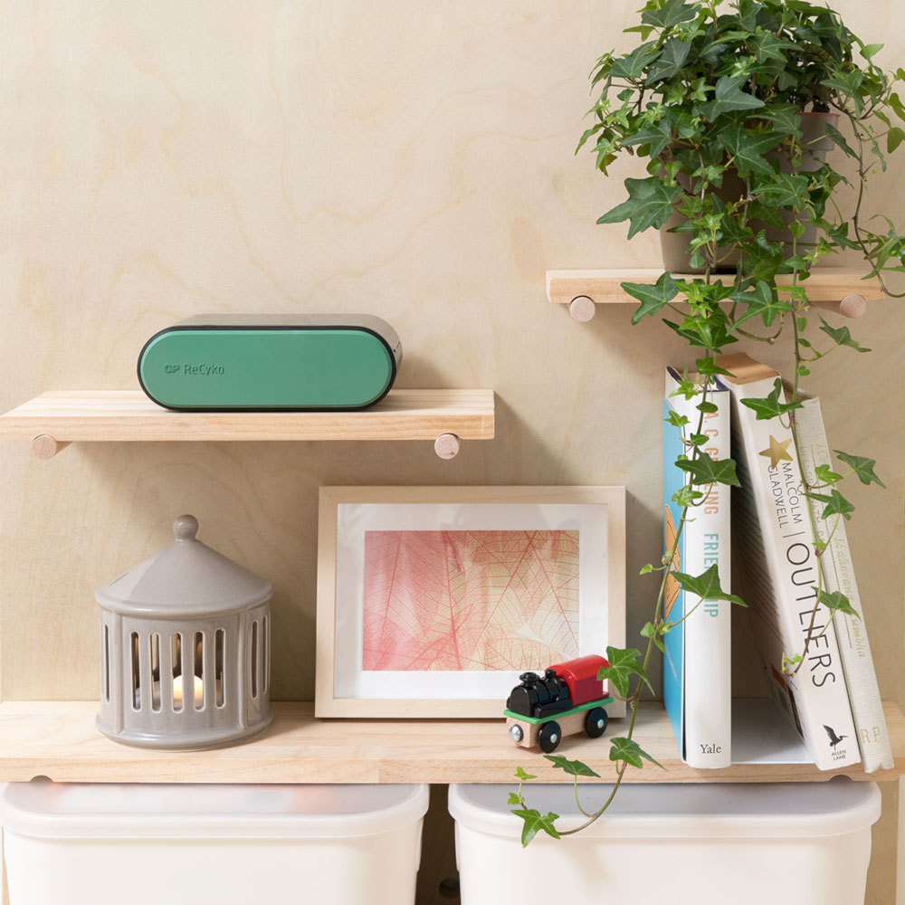 Étagères en bois avec décor : une image, des livres, un purificateur d'air vert et une plante.