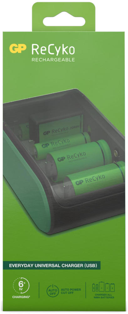 Chargeur de batterie rechargeable et piles dans un emballage vert et noir.